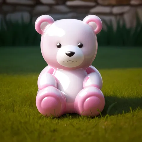 there is a pink teddy bear sitting on the grass in the sun