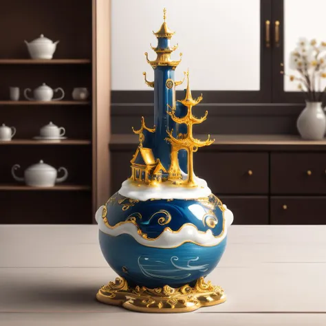 there is a blue vase with a gold decoration on it