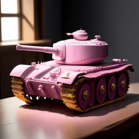 a (pcporcelaincd, shiny:1.2, pink theme:1.3, gold lacquer) tank, toy model, (solo:1.2), <lora:pcporcelaincd-000006:0.9>, no humans, high quality, masterpiece, realistic, photorealistic, (indoors, on table:1.2)