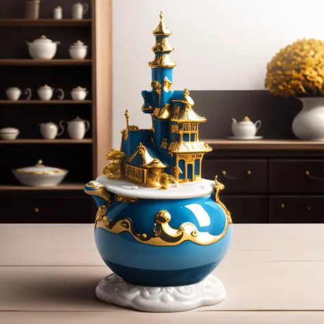 a close up of a blue and gold vase with a castle on top