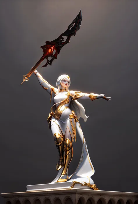 a woman in white and gold holding a sword and a sword