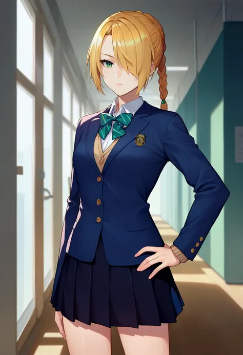 a close up of a person in a school uniform standing in a hallway