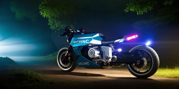 Sci-fi motorcycles,white and blue science fiction ground industrial police car in a lush jungle, science fiction, cinematic lighting, night time, volumetric light, imax, dslr, highly detailed, volumetric fog, dystopian vibes, dutch angle, cinematic angle<l...