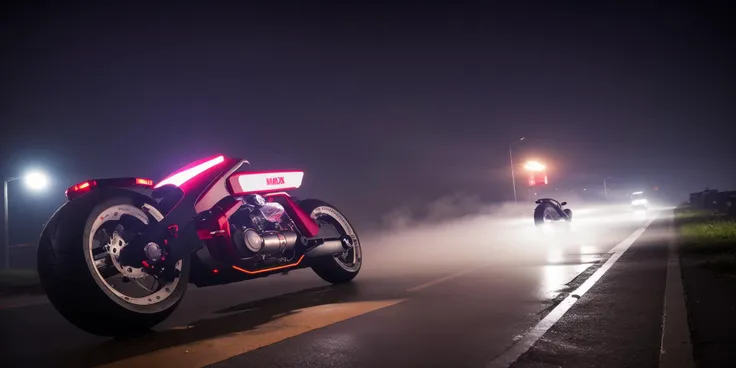 Sci-fi motorcycles,red and white science fiction ground industrial construction vehicle in crowded downtown streets, science fiction, cinematic lighting, night time, volumetric light, imax, dslr, highly detailed, volumetric fog, dystopian vibes, dutch angl...