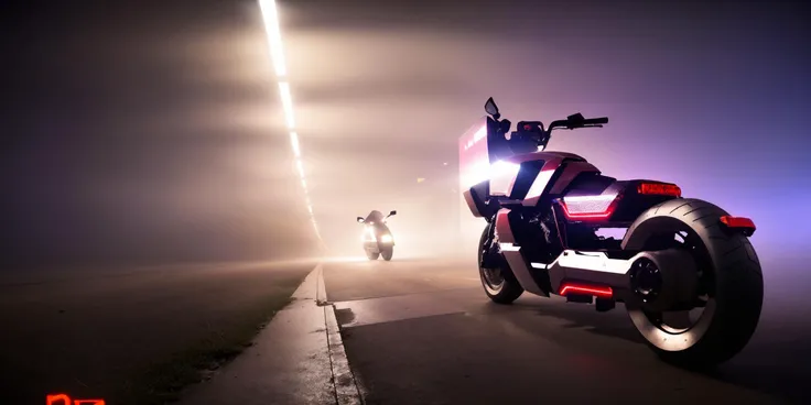 Sci-fi motorcycles,red and white science fiction ground industrial construction vehicle in crowded downtown streets, science fiction, cinematic lighting, night time, volumetric light, imax, dslr, highly detailed, volumetric fog, dystopian vibes, dutch angl...