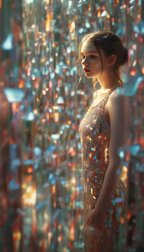 a woman in a dress standing in front of a wall of confetti