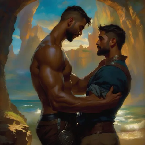 a painting of two men standing next to each other on a beach