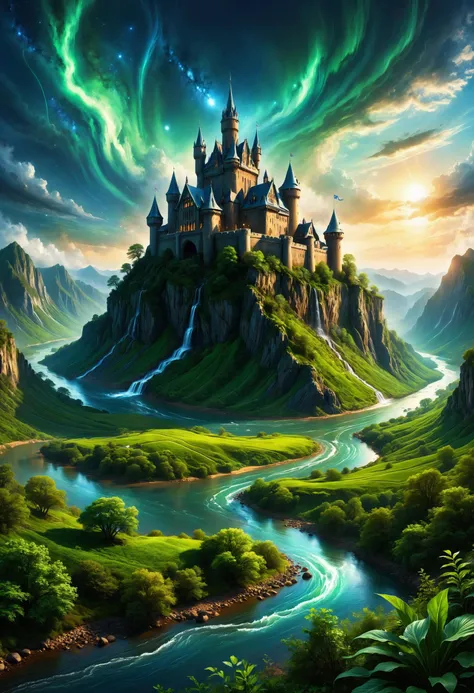 a castle on a mountain with a river in the foreground