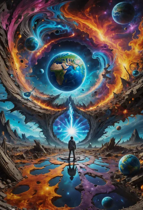 a man standing in front of a colorful space filled with planets