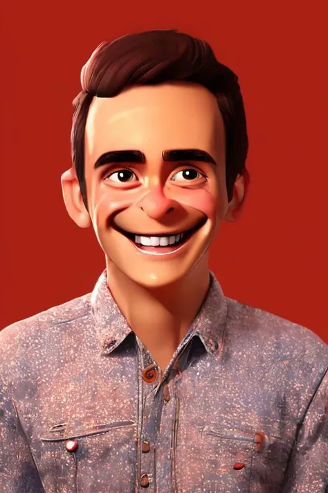 a close up of a cartoon man with a fake smile on his face