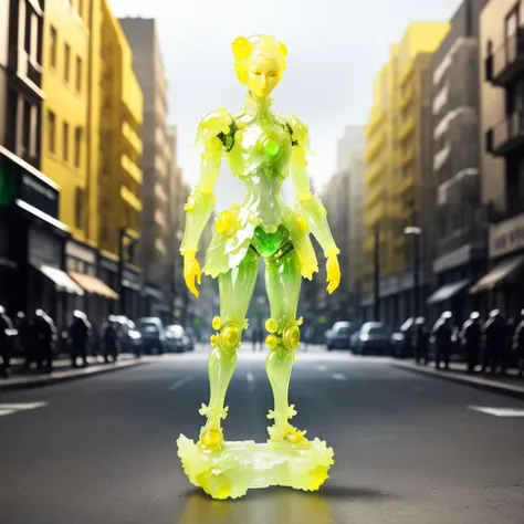 there is a yellow plastic figure standing on a street