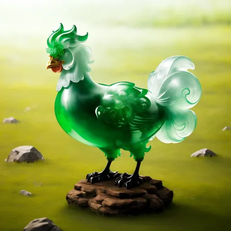 there is a green glass rooster statue on a rock in a field