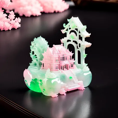 a (pink jadeite:1.3, transparent:1.3) villa, building model, <lora:jadeitecarvingcd-000006:0.9>, jadeitecarvingcd with (pink theme:1.3), no humans, high quality, masterpiece, realistic, photorealistic, long-focus, (indoors, on table:1.2),