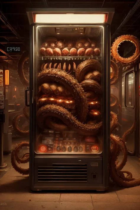 carnagestyle, vending machine on train station, tentacles, <lora:CarnageStyle:0.75> (colorful:1.1) (masterpiece:1.2), high quality, best quality, low angle, (masterpiece:1.2), (intricate details:1.2), cinematic lighting, realism, realistic, RAW photo, 4k, ...