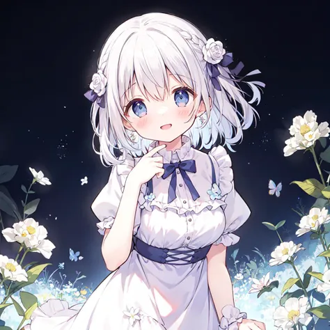 anime girl in a white dress standing in a field of flowers