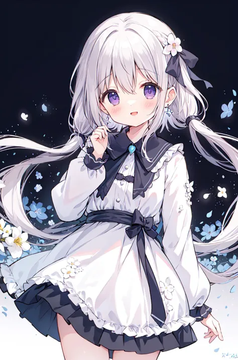 anime girl with long white hair and blue eyes in a white dress