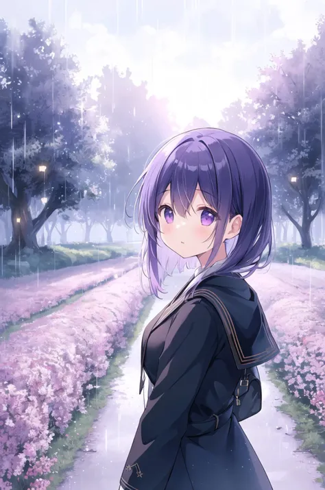 anime girl in a field of flowers with a rain