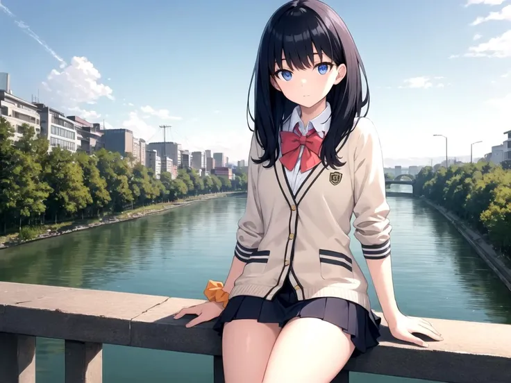 anime girl sitting on a railing overlooking a river and a city