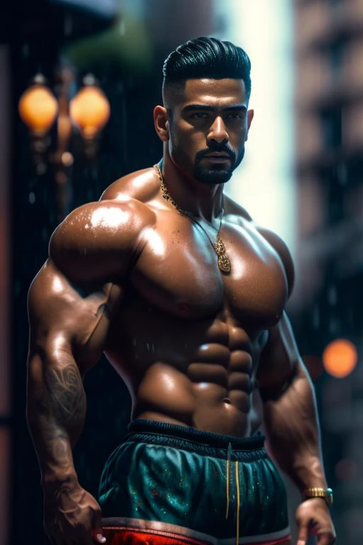 full body pose, handsome latin guy, hyperrealistic mixed media painting of an attractive muscular latin man, soft eyes and narrow chin, dainty figure, fit tank top, shorts, wet, raining, dim volumetric lighting, 8k, octane beautifully detailed render, post...