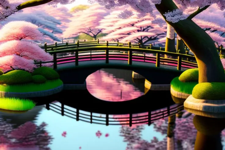 japanese park during the time of sakura blooming, little river in the middle and a curved bridge above it, 4k, highly detailed, 16k, 8k, estilovintedois.