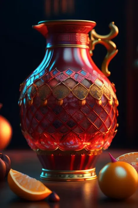 there is a red vase with a gold handle and some oranges