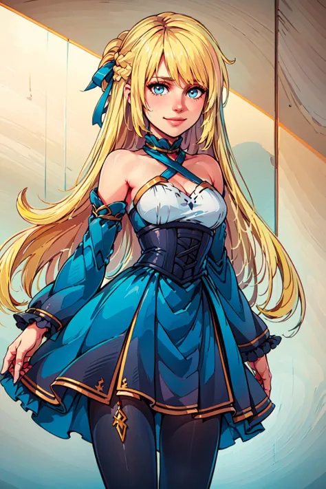 <lora:Marina_Lucce_Maxetto_OC_v2:0.7> smile, Marina_Lucce_Maxetto_OC, 1girl, solo, blonde, very long hair, french braid, blue hair ribbon,  frilled choker, criss-cross halter, sleeveless dress, high-waist skirt, backless dress, waist bow, detached sleeves,...