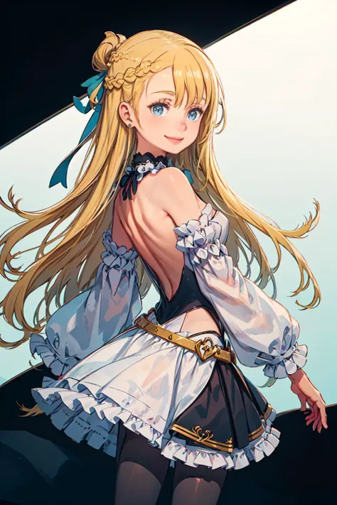 <lora:Marina_Lucce_Maxetto_OC_v2:0.55> smile, Marina_Lucce_Maxetto_OC, 1girl, solo, blonde, very long hair, french braid, hair ribbon,  frilled choker, criss-cross halter, sleeveless dress, high-waist skirt, backless dress, waist bow, detached sleeves, fri...