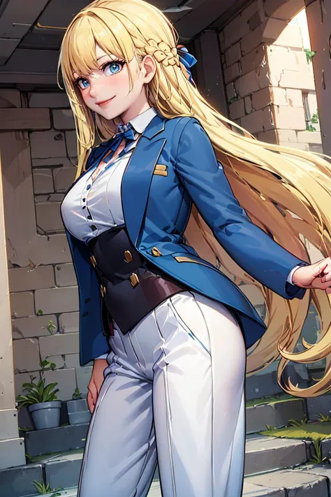 anime - style image of a woman with long blonde hair and a blue jacket