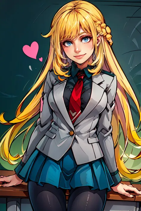 smile, classroom, blue sky, written heart, heart draw, ai ai gasa,  <lora:Marina_Lucce_Maxetto_OC:0.7> Marina_Lucce_Maxetto_OC, 1girl, solo, blonde, very long hair, french braid,   <lora:attire_uauniforms:1> u.a. school uniform, grey jacket, red necktie, g...