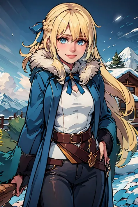 ((masterpiece,best quality)),  <lora:Marina_Lucce_Maxetto_OC_v2:0.8>,  Marina_Lucce_Maxetto_OC, 1girl, solo, blonde, very long hair, french braid, blue hair ribbon, smile,  (fur coat:1.5),  pants, winter clothes, belt, snow, mountain, log cabin,