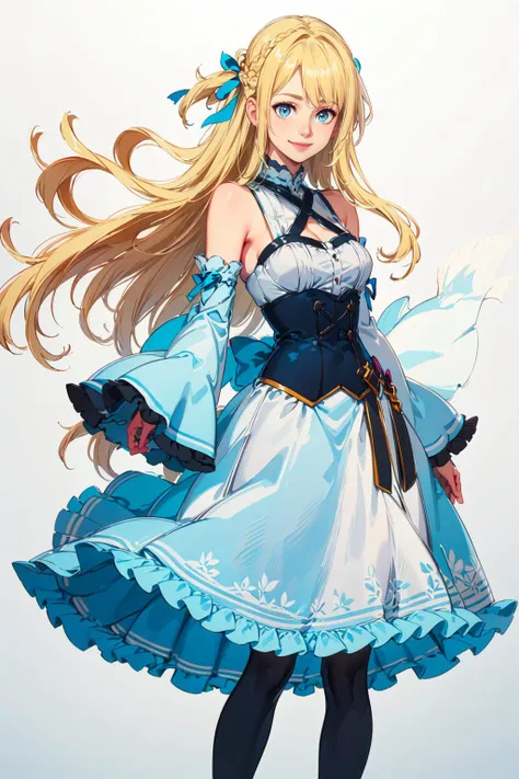 white and blue theme,  <lora:Marina_Lucce_Maxetto_OC_v2:0.7> smile, Marina_Lucce_Maxetto_OC, 1girl, solo, blonde, very long hair, french braid, hair ribbon,  frilled choker, criss-cross halter, sleeveless dress, high-waist skirt, backless dress, waist bow,...