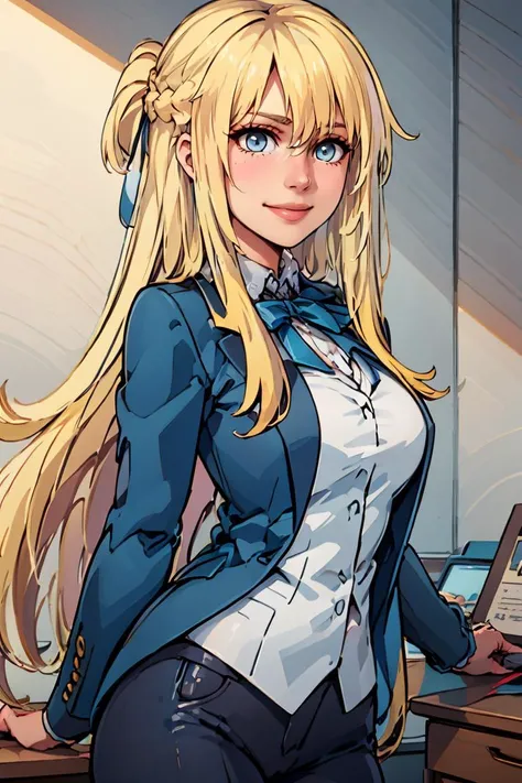 ((masterpiece,best quality)),  <lora:Marina_Lucce_Maxetto_OC_v2:0.8>,  Marina_Lucce_Maxetto_OC, 1girl, solo, blonde, very long hair, french braid, blue hair ribbon, smile, smug, grey blazer, lipstick, open white shirt, lawyer, suit, suit jacket, pants,