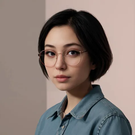 a woman wearing glasses and a blue shirt looks at the camera