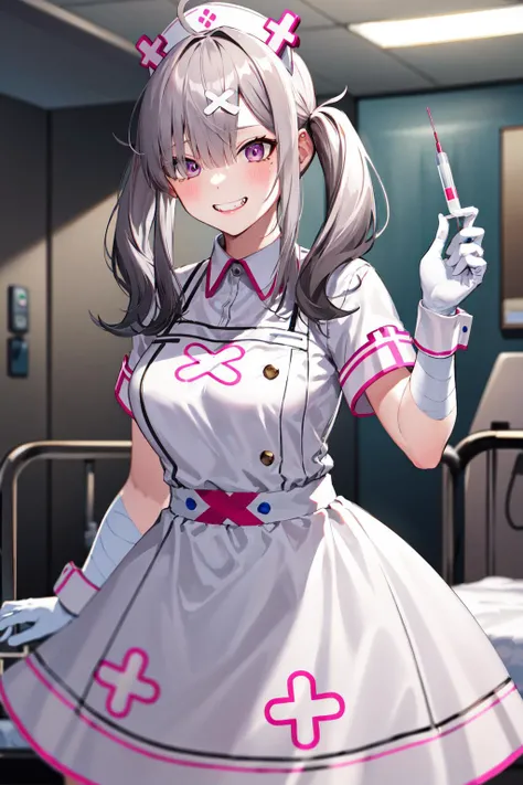 masterpiece, best quality, highres, sk1, white gloves, bandages, white apron, short sleeves, nurse, bandaged arm, wrist cuffs, white dress, fangs, <lora:sukoya_kana_v10:0.7>, cowboy shot, standing, hospital bed, evil grin, holding syringe,