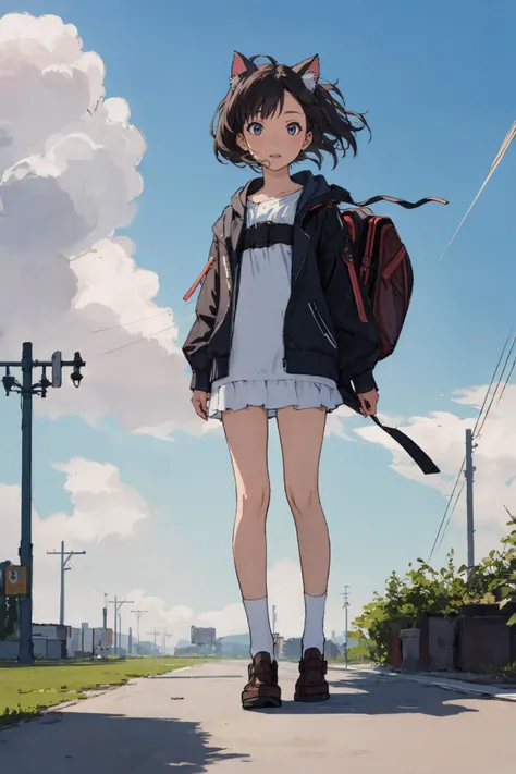 anime girl with backpack and cat ears walking down a street