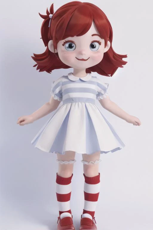 a close up of a doll with red hair and a dress