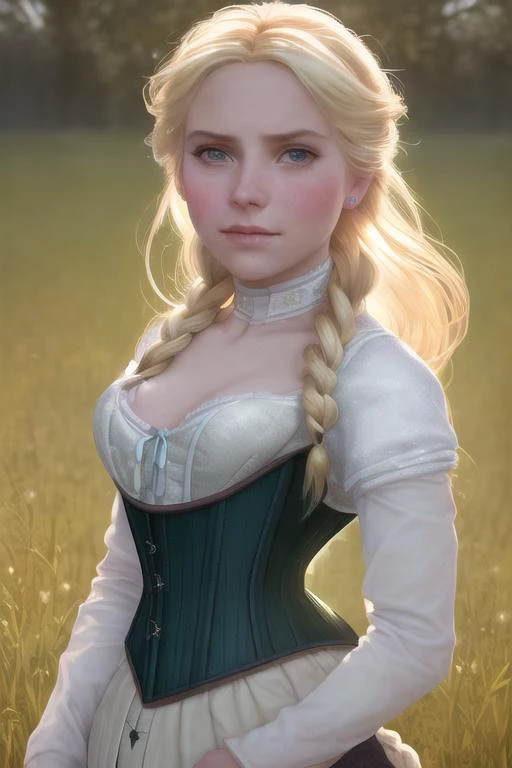 closeup portrait of a cute blonde Elsa in a bright windy field, (backlighting), realistic, masterpiece, highest quality, ((corset)), ((embarrassed)),  puddle, lens flare, shade, bloom, ((light sparkles)), [chromatic aberration], by Jeremy Lipking, by Anton...