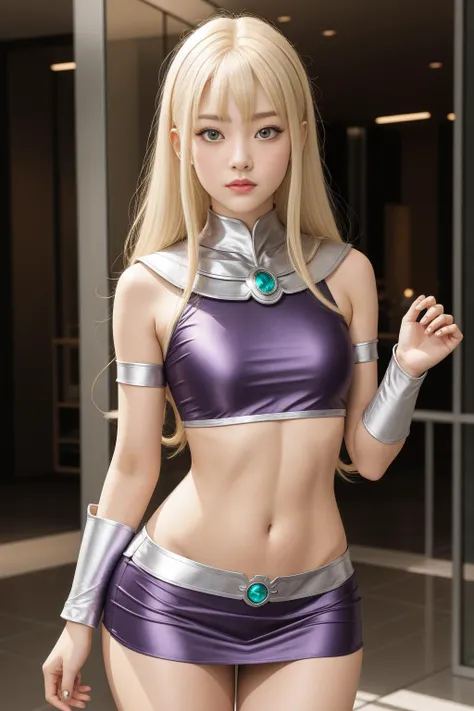 1girl, ash blonde hair, gold eyes, <lora:Starfire Costume_v1:1> starfire costume, upper body