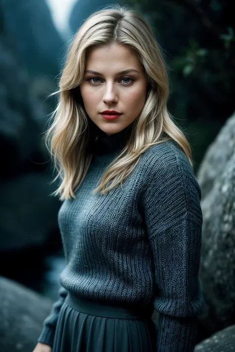 photo of fit (Al1L4rt3r-135:0.99), a beautiful woman, perfect hair, (modern photo), wearing a (long sleeved sweater:1.2) and long skirt with jewelry, portrait, 85mm, (analog, cinematic, film grain:1.3), (Alien Landscape, Otherworldly terrain with biolumine...