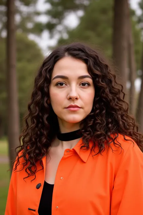 A woman is wearing an orange jacket. There is a black choker around her neck. The woman has long brown curly hair. There are trees behind the woman.