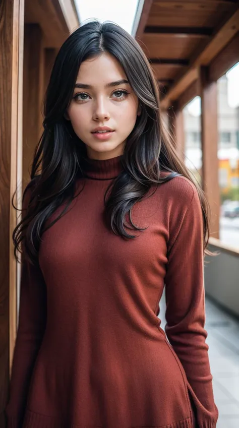 a woman in a brown turtle neck sweater standing by a wooden wall