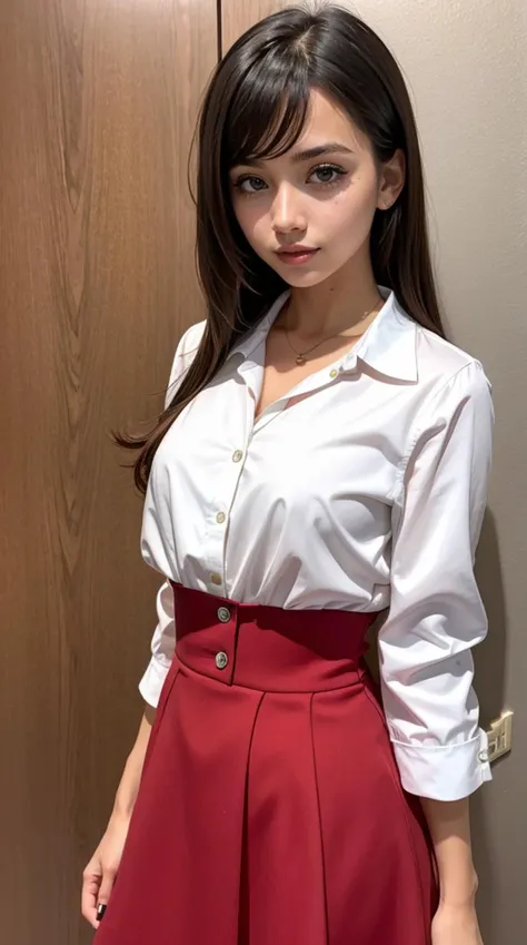 a woman in a white shirt and red skirt posing for a picture