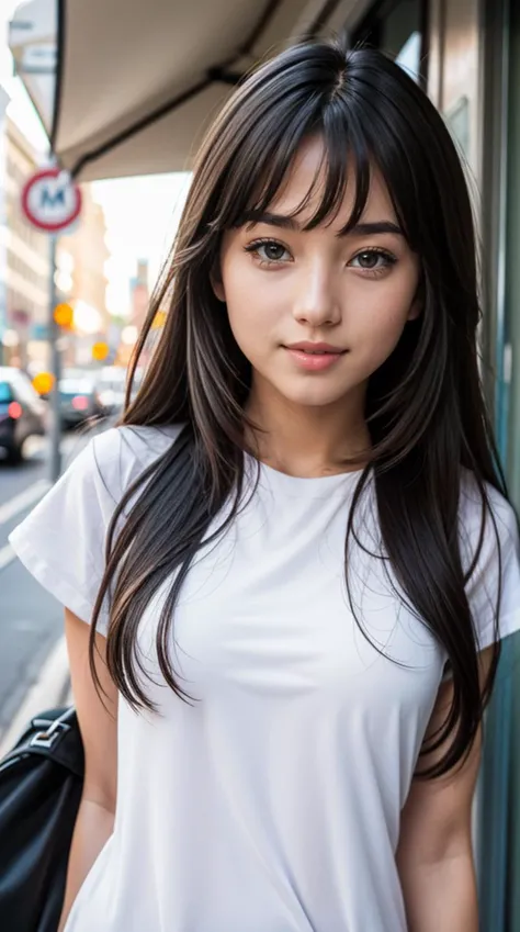 a close up of a woman standing on a city street