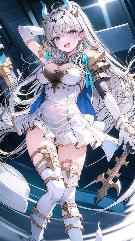 anime girl with long white hair and blue eyes holding a sword