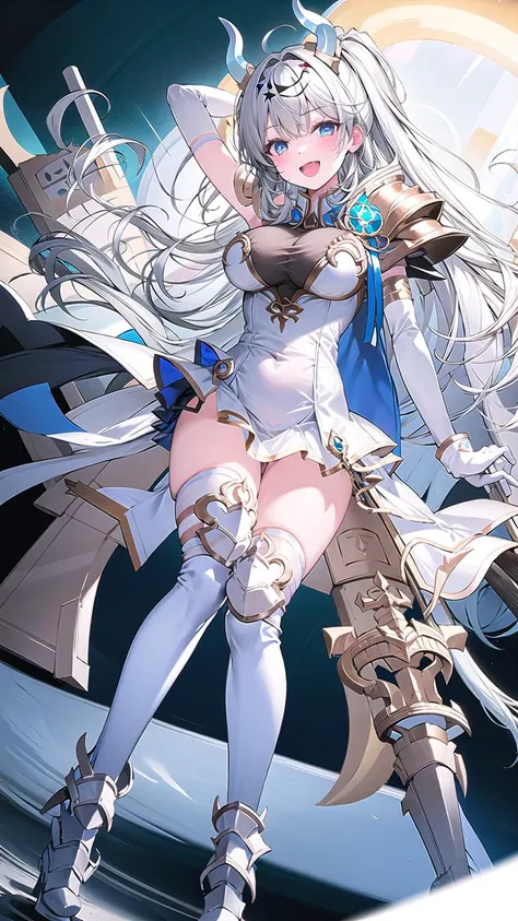 1girl, solo, long hair, breasts, horns, thighhighs, open mouth, smile, high heels, blue eyes, white hair, white footwear, dress, armor, white thighhighs, gloves, large breasts, full body, boots, white dress, thighs, white gloves, bangs,  <lora:SuffrenV1.0:...