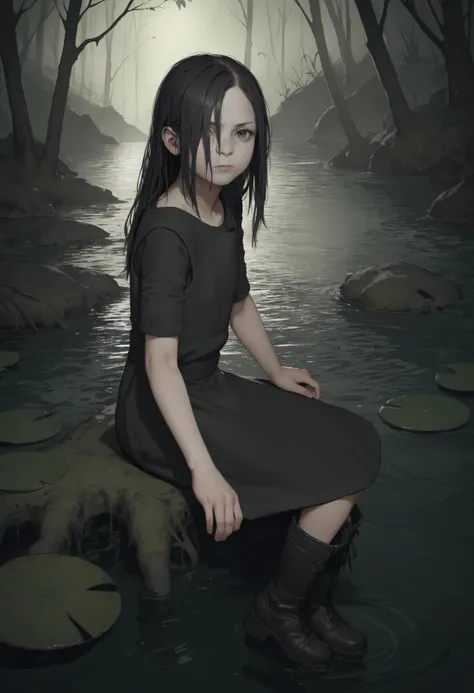 a woman sitting on a rock in a swamp with lily pads