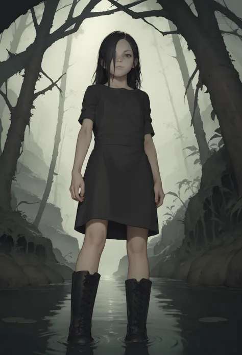 a woman in a black dress and boots standing in a river