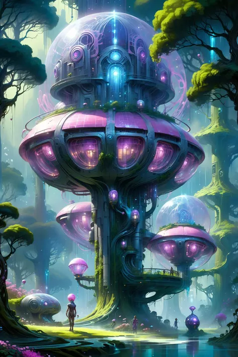 a painting of a futuristic city with a giant tower in the middle