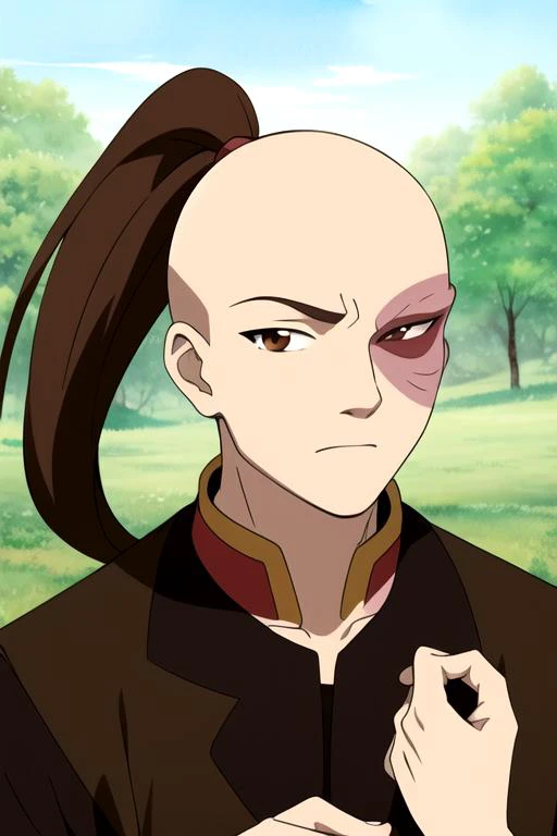 masterpiece, best quality, sketch, 1boy, solo, male focus, looking at viewer, upper body, depth of field, (watercolor illustration, soft pastel colors:1.1), , <lora:zuko_avatar:0.70>, zuko_avatar, brown hair, brown eyes, bald, ponytail