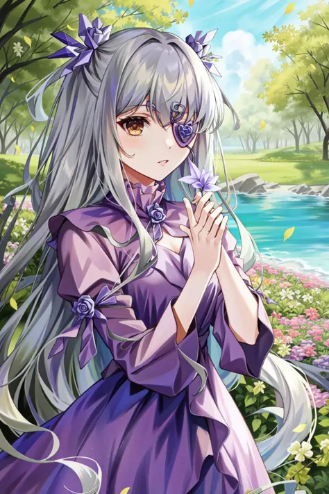 a girl in a purple dress holding a flower in her hand